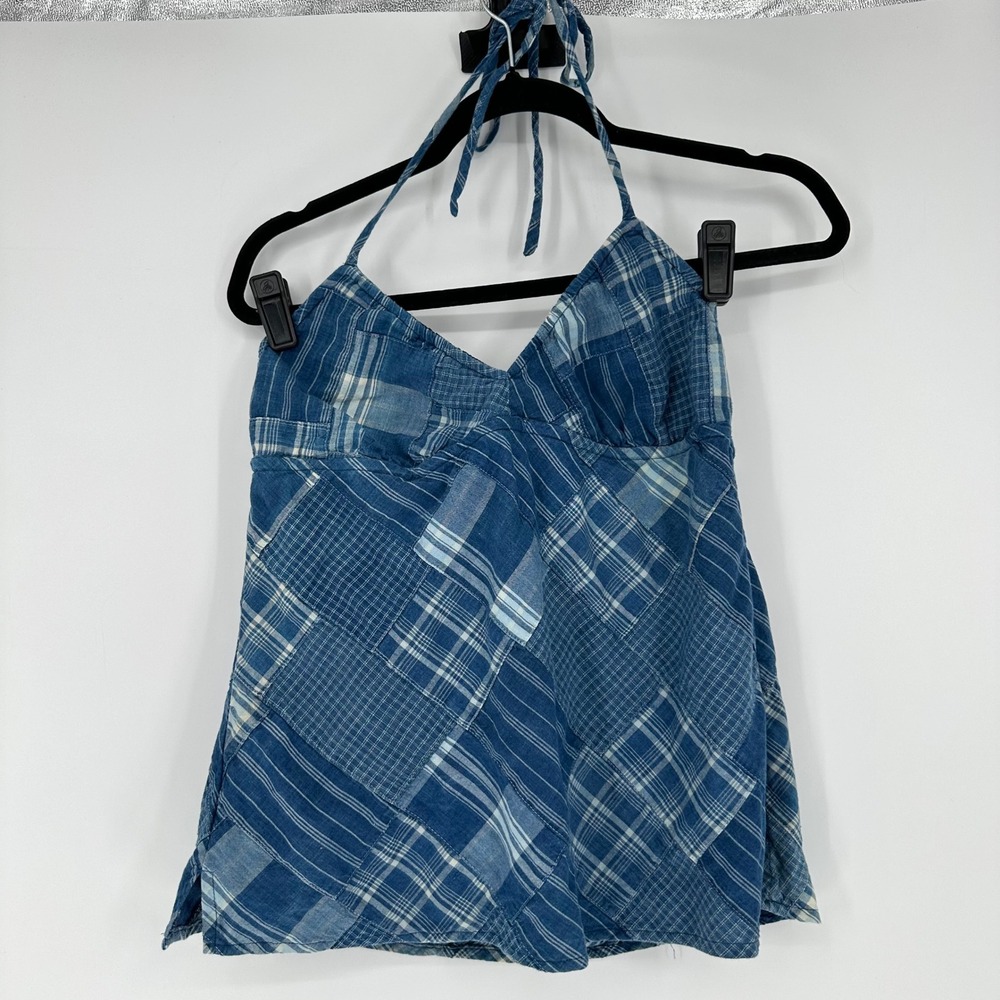American Eagle Y2K Blu Patchwork Denim Chambray Plaid Gingham Halter Cami Top 14